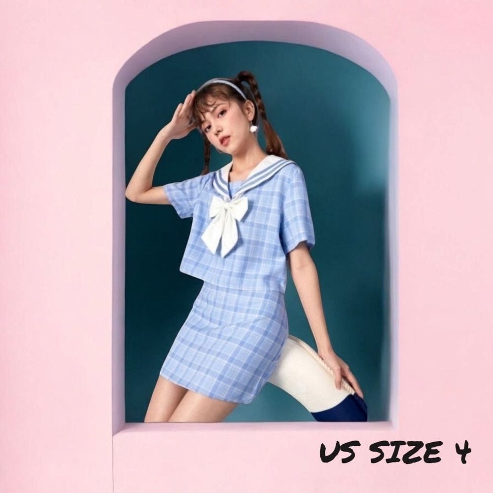 Kawaii Plaid Sailor Collar Bow Front Top & Skirt